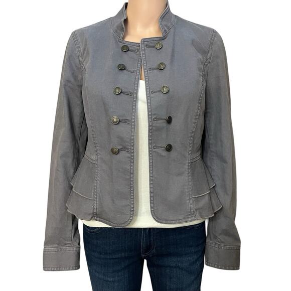 LOFT Jackets & Blazers - Ann Taylor Loft Military Style Denim Jacket 0 Gray Double Breasted Button Ruffle